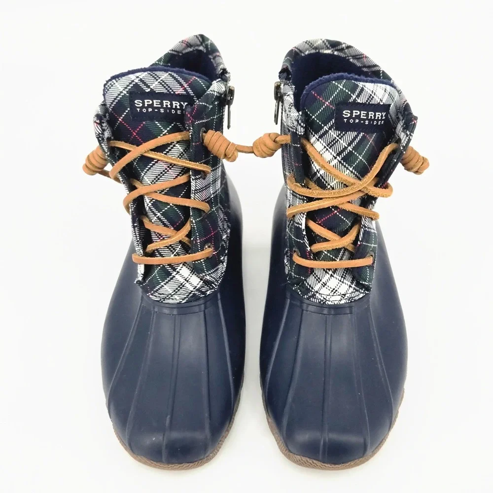 Sperry Top-Sider Saltwater Women Duck Boots Navy Plaid Winter Rain 5.5 Youth 4Y
